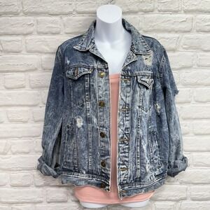 Acid Washed Denim Jacket Women's S Blue Jean Distressed Frayed Cropped Moto Y2K